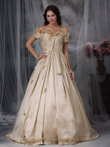 Champagne Off Shoulder Prom Graduation Dress with Short Sleeves