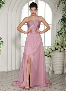 Ruched and Beaded One Shoulder Pink Brush Prom Graduation Dress
