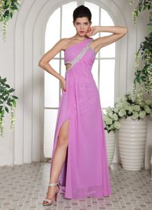 Asymmetrical High Slit Lavender Prom Holiday Dress with Beading