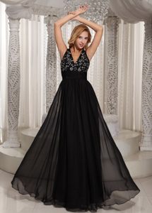 Black V-neck Chiffon Prom Holiday Dress with Beading and Ruches