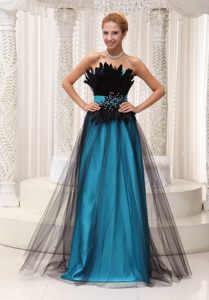 Teal and Black Prom Evening Dress with Appliques and Feathers