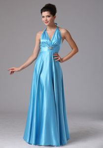 Baby Blue Empire Halter Prom Formal Dress with Beading and Ruches