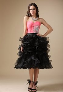 Ruffled Beaded Tea Length Prom Gown Dress in Watermelon and Black