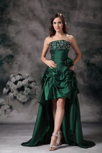 Hunter Green High-low Prom Gown Dress with Beading and Ruches