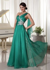 Appliqued and Ruched Turquoise One Shoulder Prom Formal Dresses