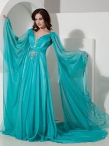 Turquoise Empire Watteau Train Prom Gown Dress with Long Sleeves