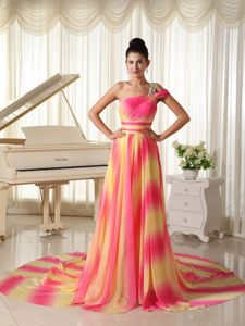 Beaded One Shoulder Ombre Color Prom Dresses with Court Train