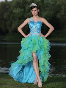 Blue and Bud Green One Shoulder High-low Beaded Ruffled Prom Dress