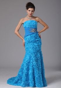 Baby Blue Mermaid Prom Dresses with Beading and Rolling Flowers