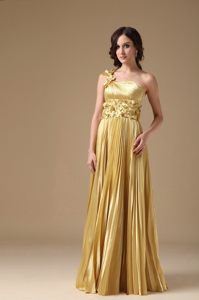 Gold One Shoulder Pleat Prom Gown Dresses Hand Made Flowers