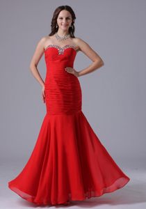 Mermaid Ruched Red Dress For Prom Queen Beading Sweetheart