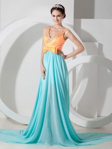 Orange and Blue V-neck Prom Formal Dress Beading and Bowknot