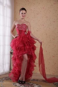 High-low Sweetheart Ruffled Red Prom Dress with Rhinestones