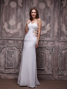 one Shoulder Brush Train Beaded White Prom Dress with Cutouts