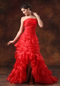 Strapless High-low Ruffled Layers Red Prom formal Dress for 2014