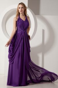 Purple Halter Top Prom Cocktail Dress Court Train with Cool Back