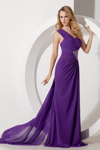 One Shoulder Ruched Beaded Purple Prom Dress with Cutouts