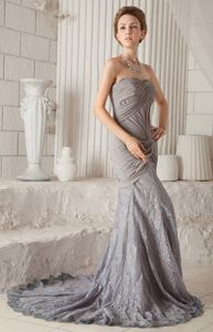 Lace Chiffon Court Train Ruched Gray Prom Dress on Promotion