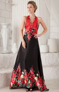 Brush Train Printing Black and Red Prom Dress with The Back Out