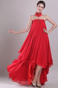 High-low Strapless Appliqued Beaded Red Prom Maxi Dress