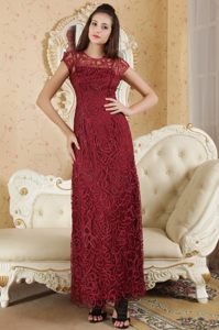 Bateau Neck Short Sleeves Wine Red Prom Dresses Special Fabric