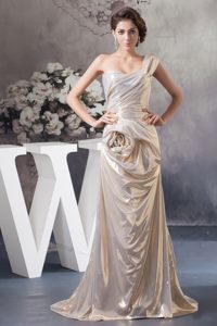 New Sweep Train Single Shoulder Prom Formal Dress in Champagne