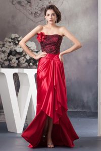 Strapless Red High-low Prom Celebrity Dress Hand Made Flowers