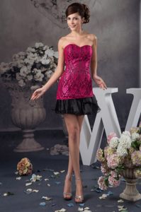 Hot Pink and Black Sweetheart Ruffled Lace Prom Dress