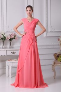Brand New Lace-up Back Prom Formal Dress V-neck in Watermelon