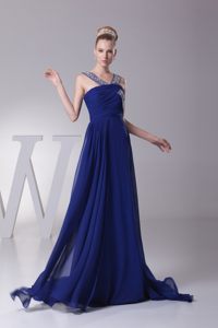 Beaded Straps Brush Train Ruches Prom Gown Dress by Chiffon