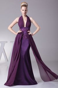 Purple Halter Plunging Neckline Appliques Sash Prom Evening Dress