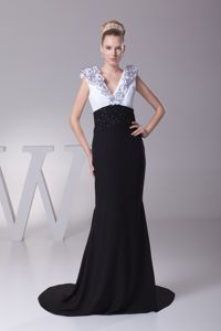 V-neck Ruffles Beaded Prom Gown in White and Black Sweep Train