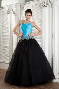 New Baby Blue and Black Ruched Appliqued Prom formal Dress