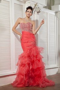 Pretty Mermaid Coral Red Organza Ruffled Beaded Prom Dress