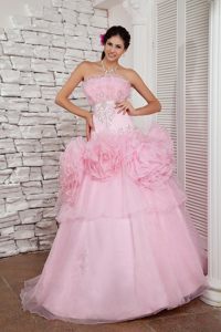 A-line Strapless Beaded Prom Dress with Big Flowers Decorate