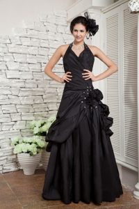 Halter top Black Beaded Prom Dresses with Handmade Flowers