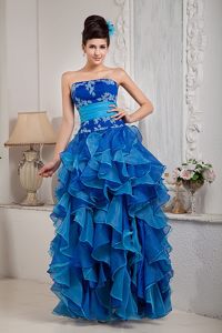 Empire Floor-length Prom Party Dress with Appliques and Ruffles