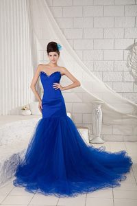 Sweetheart Court Train Royal Blue Beaded Prom Dress for Women
