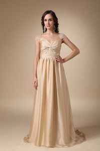 Soft and Feminine Gold Cap Sleeves Ruched Prom Evening Dress