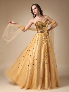 Outstanding A-line Sweetheart Sequins Gold Long Prom Dresses