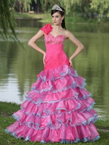 One Shoulder Flowers Beaded Ruffled Hot Pink Dress for Prom