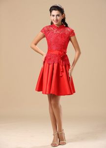 Traditional High-neck Cap Sleeves Red Lace Prom Dress for Girls