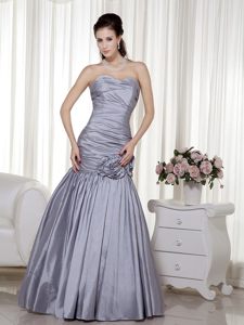 Taffeta Grey Ruches Prom Gowns Sweetheart with Hand Made Flowers