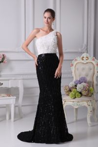 Black And White one Shoulder Prom Dress with Special Embossed Fabric