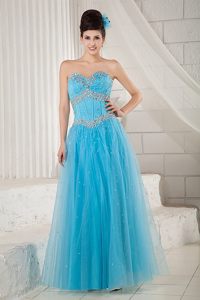2014 Tulle Aqua Blue Sweetheart Beaded Prom Graduation Dress
