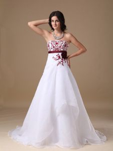 A-line Strapless White Prom Dress with Red Appliques Court Train