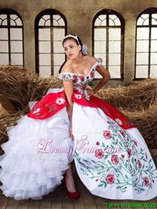 White and Red Organza and Taffeta Lace Up Off The Shoulder Cap Sleeves Floor Length Quinceanera Dress Embroidery and Ruffled Layers