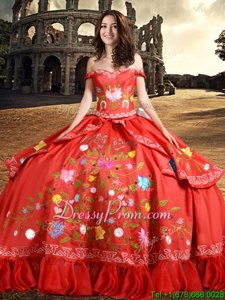 Traditional Red Lace Up 15th Birthday Dress Embroidery and Bowknot Sleeveless Floor Length