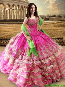 Fitting Organza and Taffeta Sweetheart Sleeveless Lace Up Beading and Embroidery and Ruffled Layers Ball Gown Prom Dress inHot Pink
