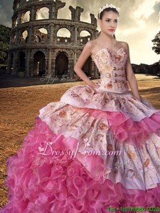Top Selling White and Pink And White Organza Lace Up Sweetheart Sleeveless With Train Quinceanera Dress Court Train Embroidery and Ruffles